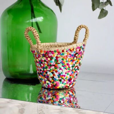 Mini cesta de paja con lentejuelas: cesta bohemia tejida a mano para el hogar o para salir (12 cm)