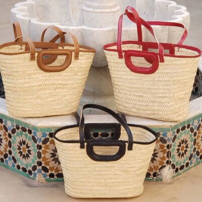 Straw Tote Bag – Luxury Palm Leaf Basket with Leather Patch and Handles