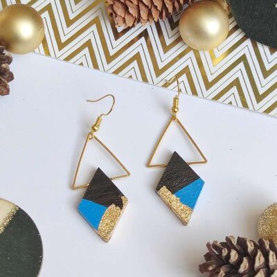 Golden triangle earrings and ebony rhombus painted in ocean blue, gold leaf.