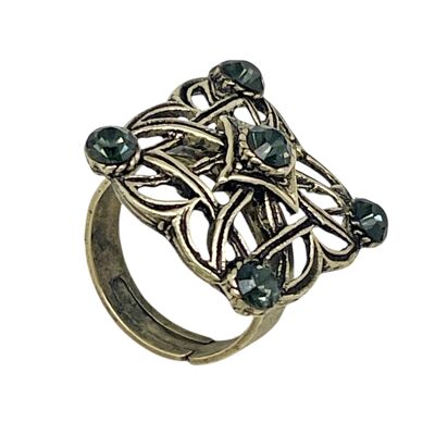 Tangled square ring in gold and black diamond crystal
