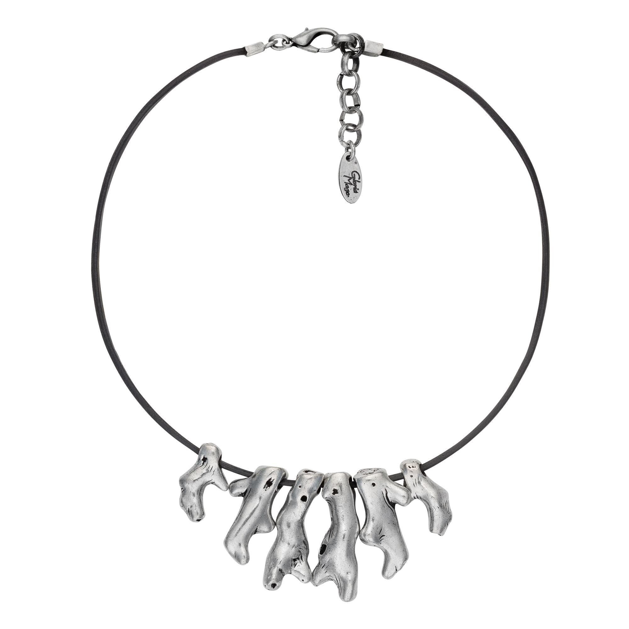 Girocollo in corallo argentato e pelle nera 40cm