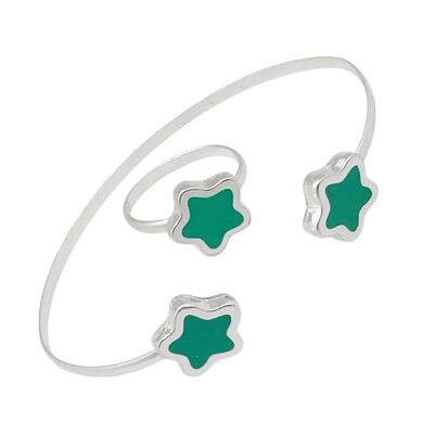Ensemble bracelet et bague en argent 10µ vert avec fleurs colorées