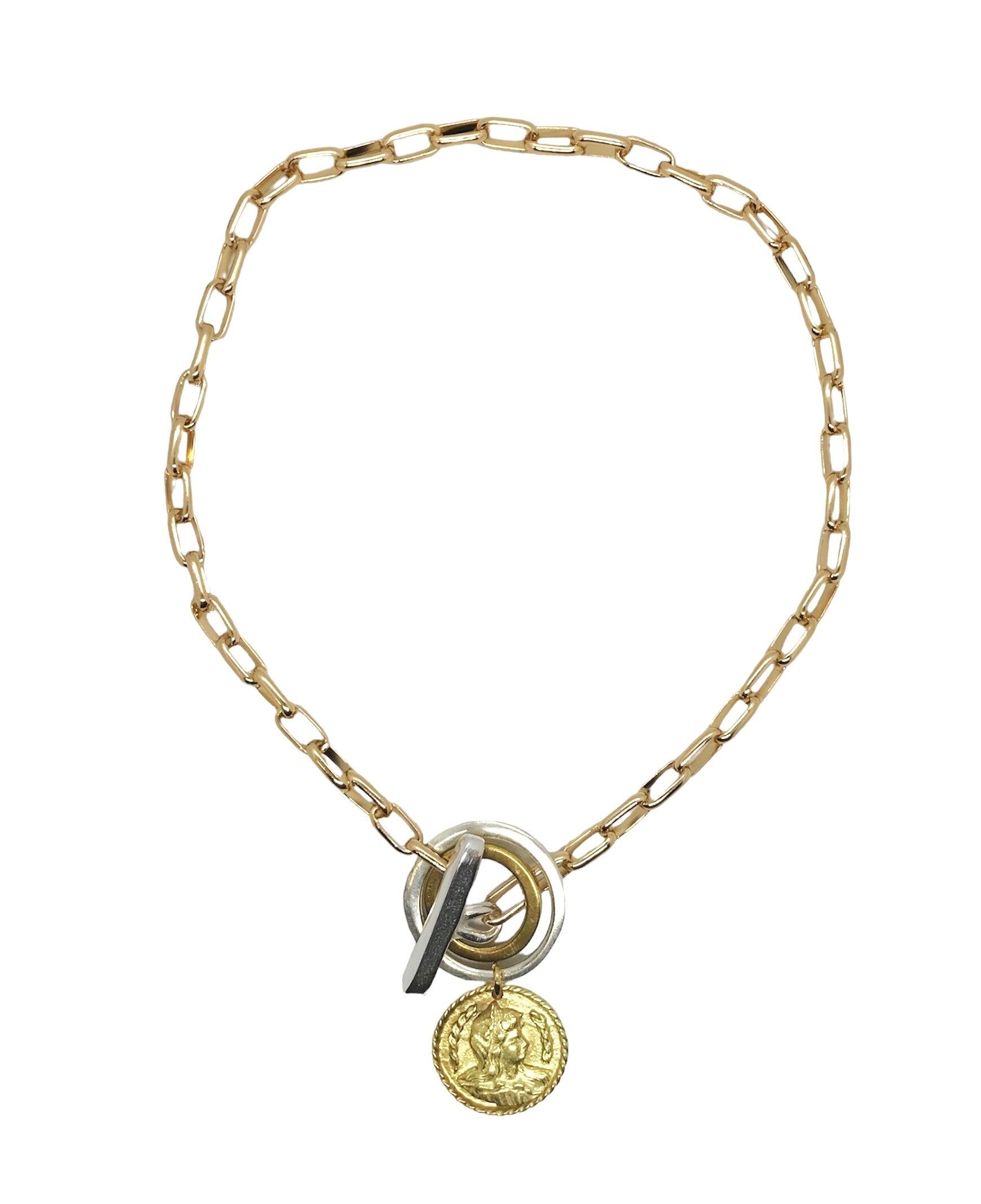 Collana in oro misto con chiusura a barra d'argento e moneta d'oro
