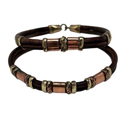Bracciale unico in pelle con riccioli avvolgenti in ottone e rame fatti a mano