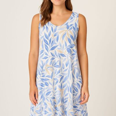 FLARED SLEEVELESS DRESS IN LEAF PRINT