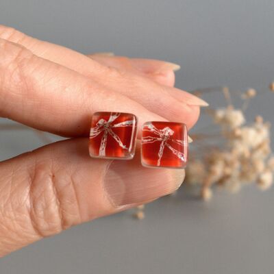 Red Dragonfly Earrings, Glass and 925 Silver, Hand-Painted Jewelry