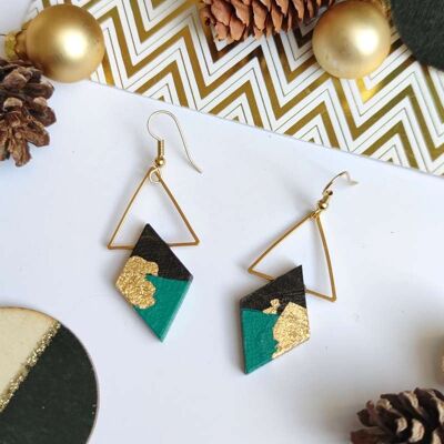 Golden triangle earrings and ebony rhombus painted in emerald green, gold leaf.