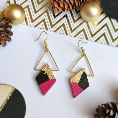 Golden triangle earrings and ebony rhombus painted in raspberry pink, gold leaf.