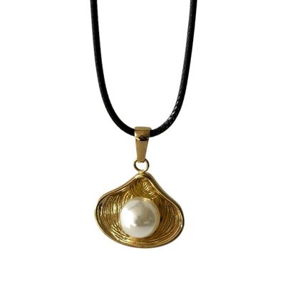 Plastic Pearl Shell Pendant, Black Cord