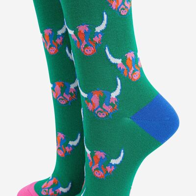 Women's Rainbow Highland Cow Print Bamboo Socks in Green