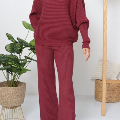 Conjunto de punto fino acanalado: suéter extragrande y pantalones anchos