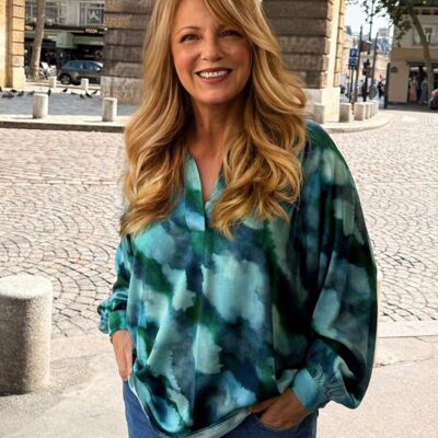 Printed tunic with long sleeves, open shirt collar - Made in France G966AE56