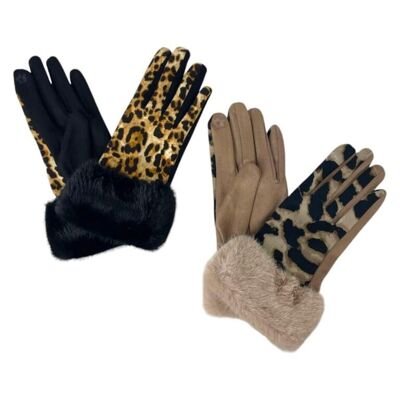 Women's Gloves with Animal Print Design and Decorative Fur