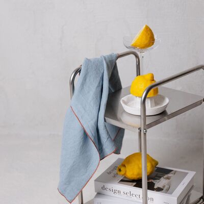 Paño de cocina de lino con detalle en contraste / Azul tónico lago