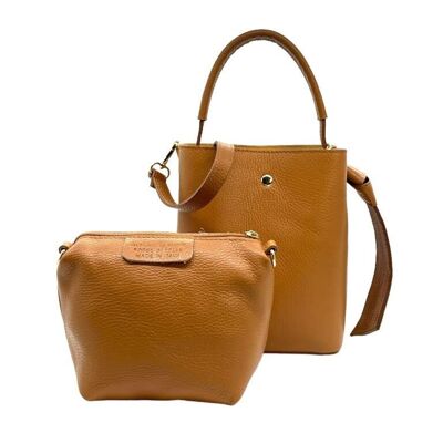 Women's Leather Bucket Bag with Bow and Interior Pocket