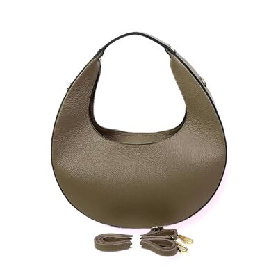 Leather Crescent Bag with Metallic Effect and Zipper