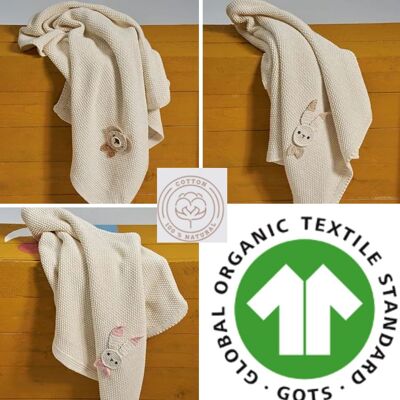 Organic Cotton Animal Figure Embroidered Knit Blanket, Gift