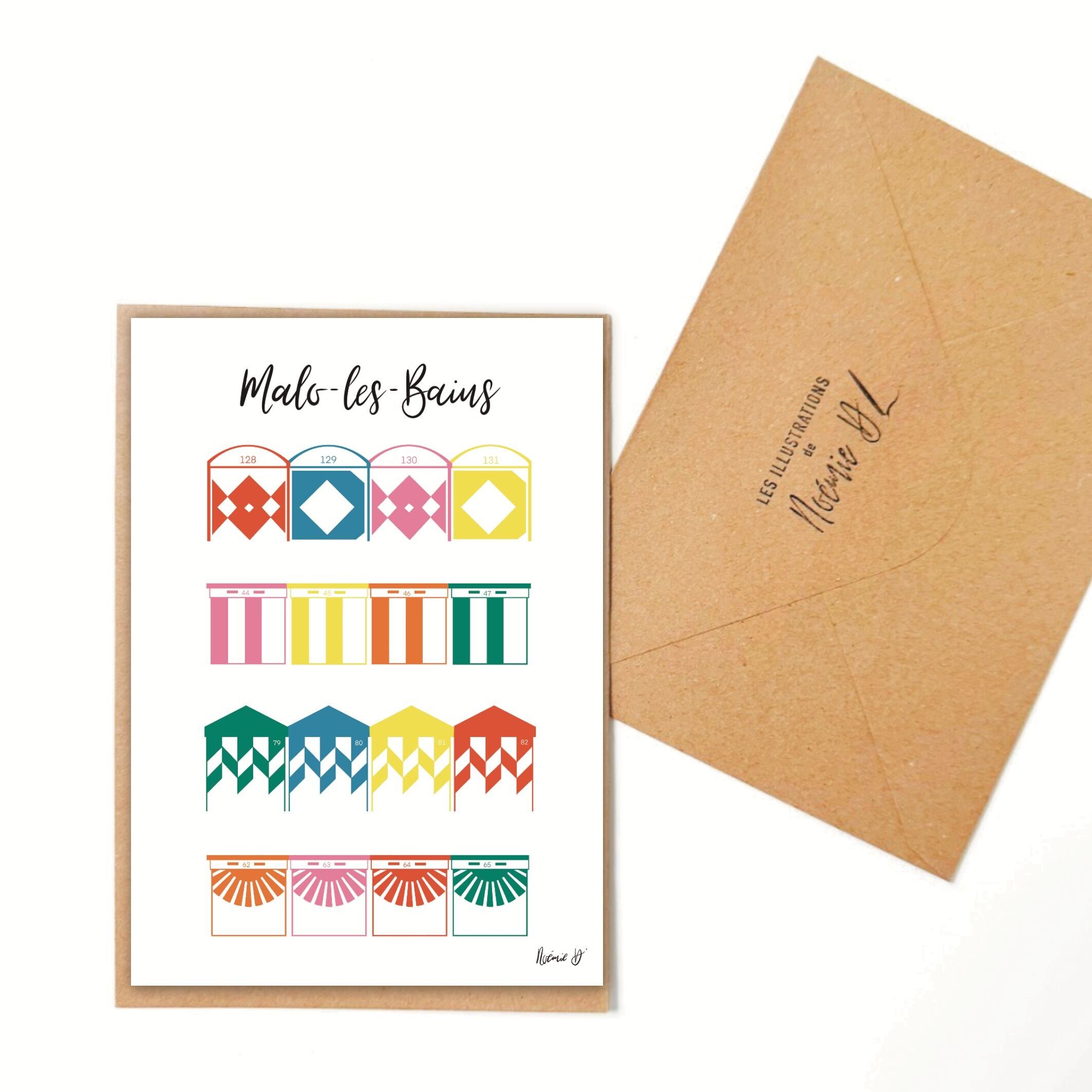 Illustrated postcard - Malo-les-Bains "Colorful kiosks" - A6 card with its kraft envelope