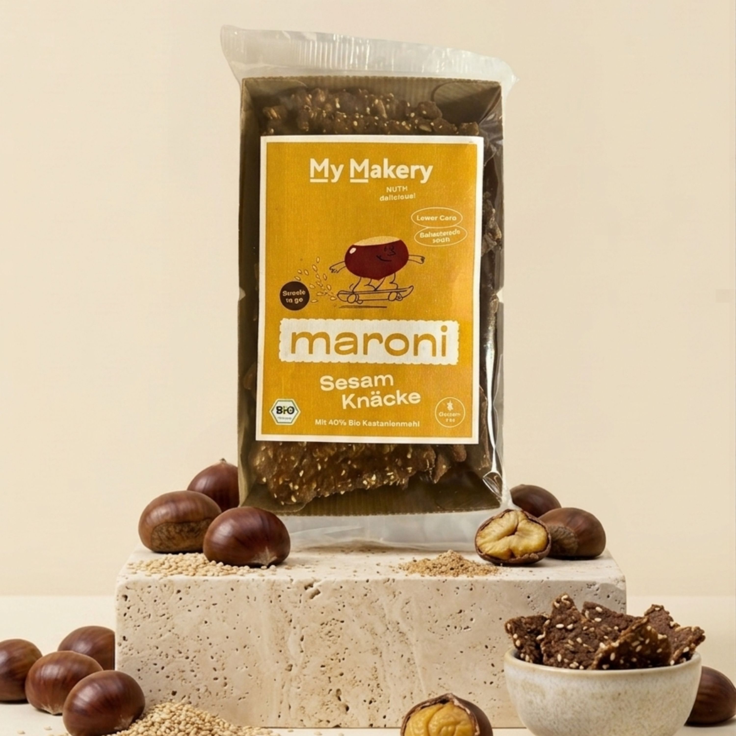 Snack crujiente de castañas orgánicas y sin gluten con sésamo