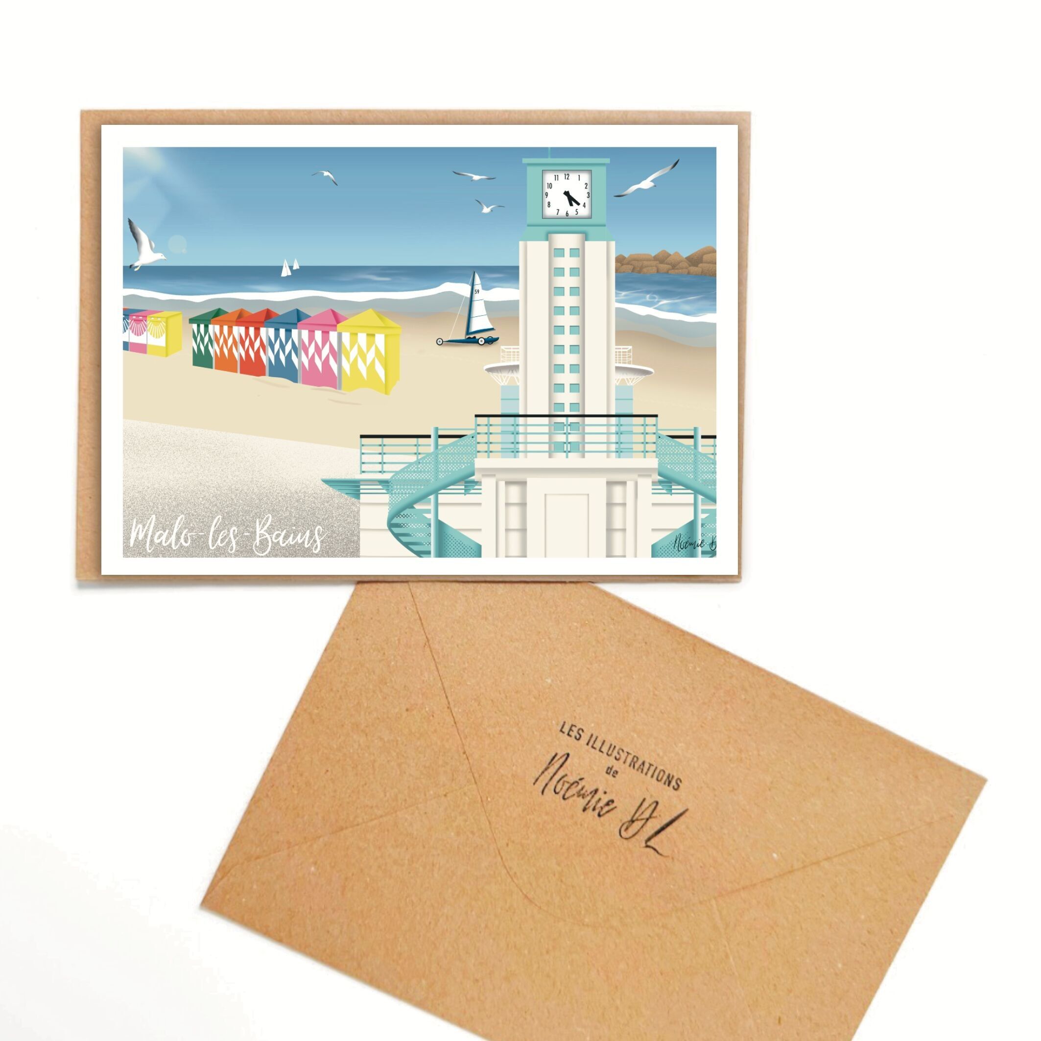 Illustrated postcard - Malo-les-Bains "digue" - A6 card with its kraft envelope
