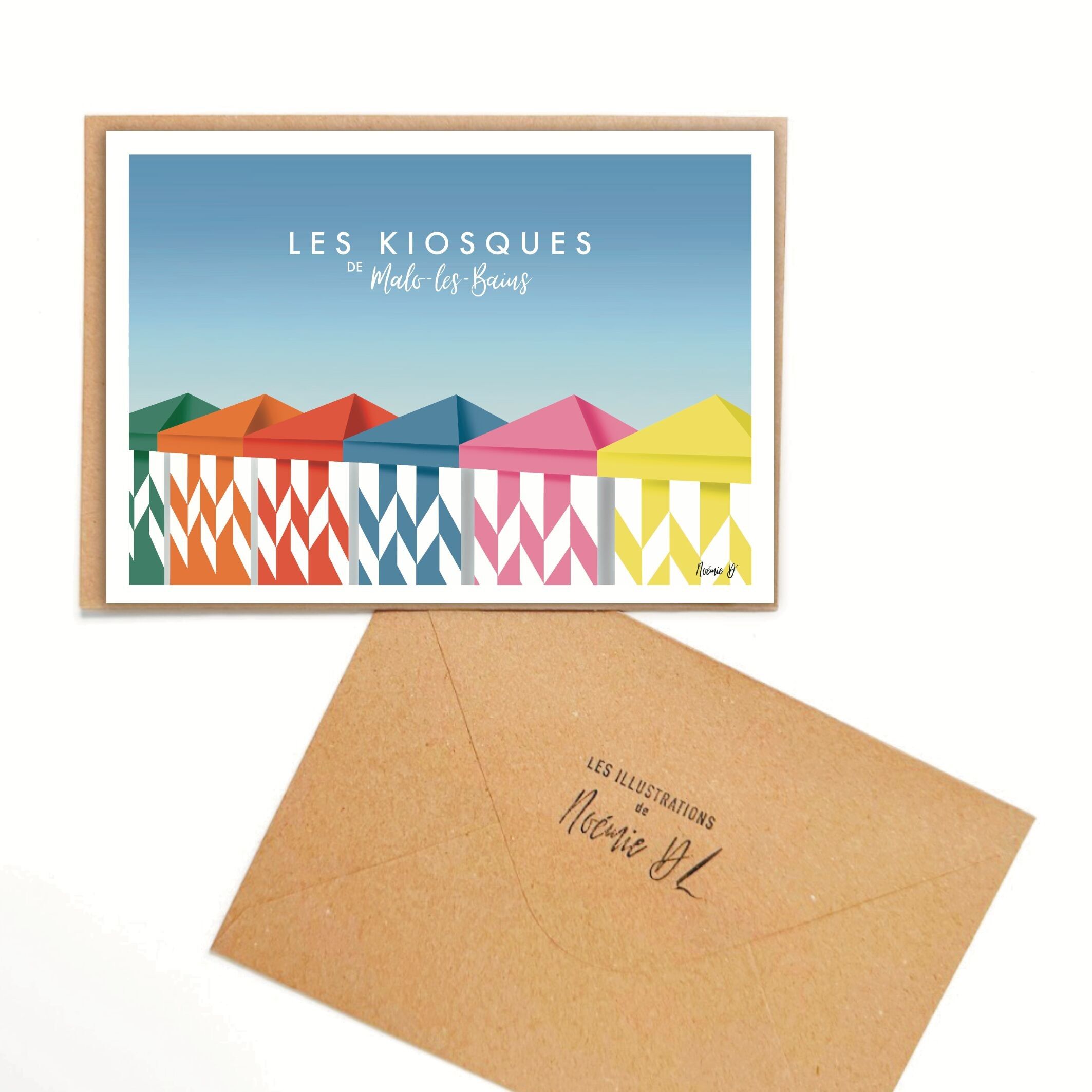 Illustrated postcard - Malo-les-Bains "kiosks" - A6 card with its kraft envelope