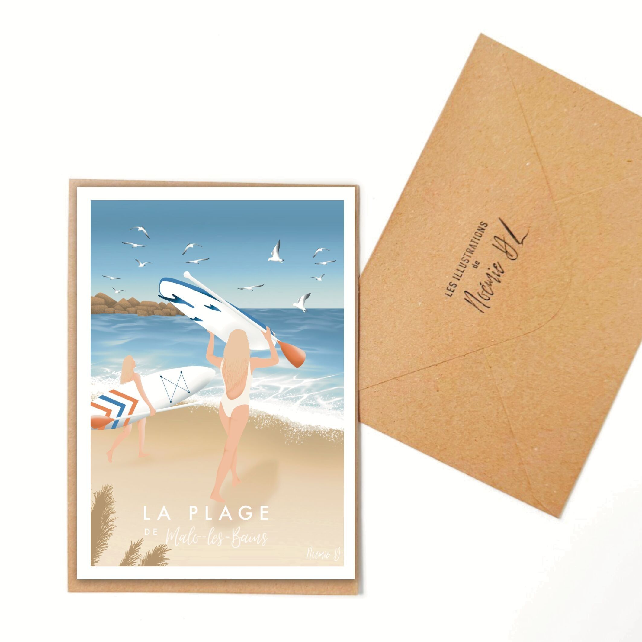 Illustrated postcard - Malo-les-Bains "paddle" - A6 card with its kraft envelope