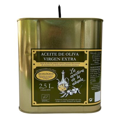 2.5L can of organic extra virgin olive oil, Cornicabra and Picual varieties