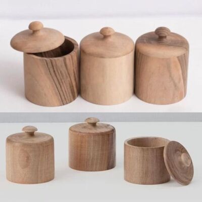 Handcrafted Walnut Wood Spice Jars – Set of 6 with Wooden Spoons