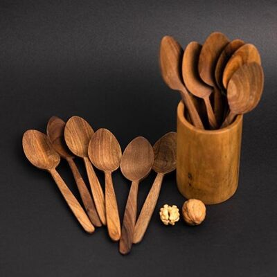 Set of 6 Walnut Wood Spoons – Handmade Kitchen Utensils | High-Quality Natural Noyer Wood (Approx. 20cm Each)