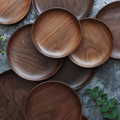 Assiette de service en bois de noyer naturel – Plat en bois sain fait à la main (environ 1,5 l)25–30 cm)