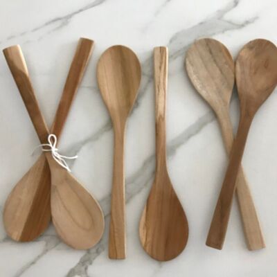 Juego de 2 cubiertos grandes de teca Cocina | Utensilios para servir de madera natural tallada a mano (36 cm)