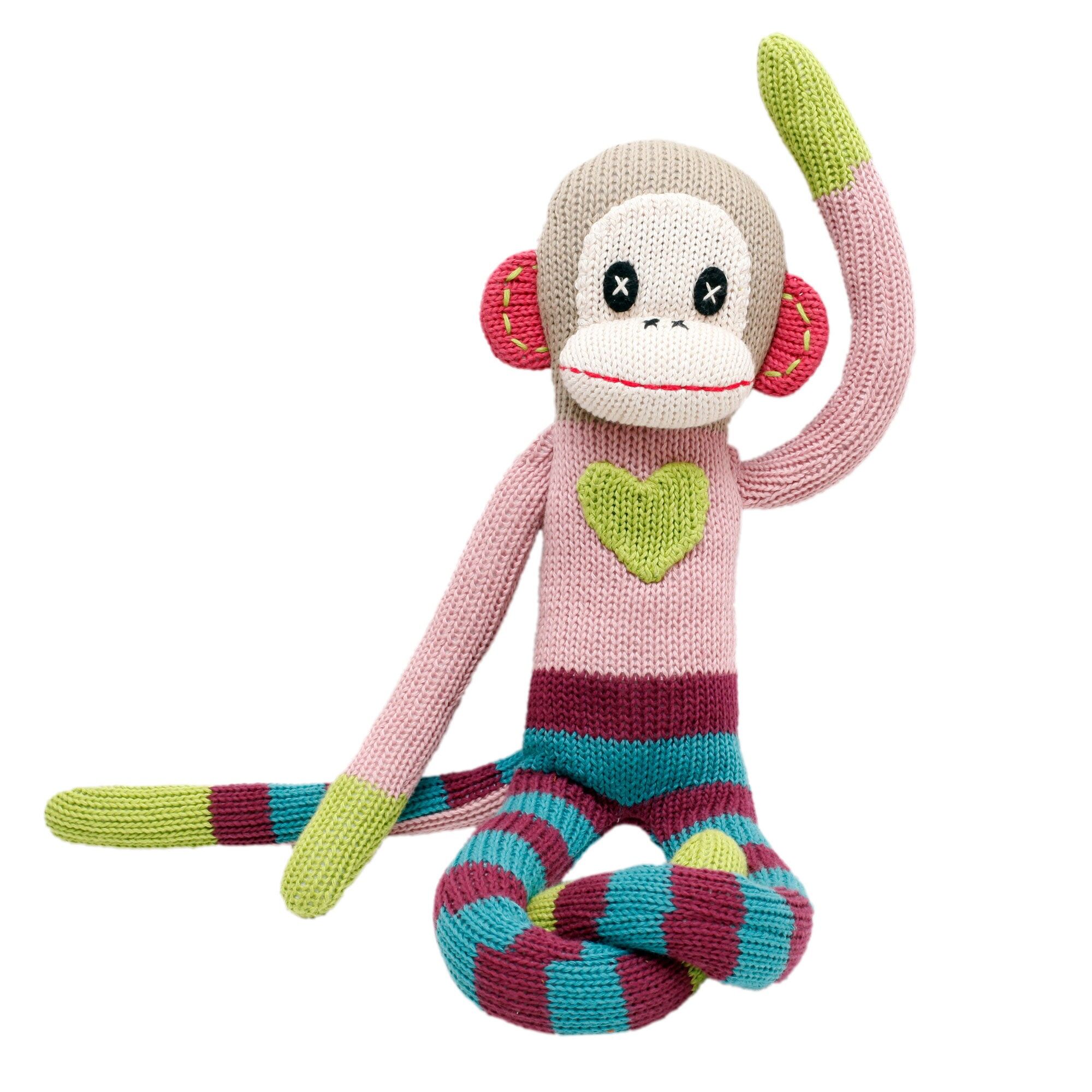 Soft toy monkey knitted pink/green