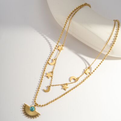 Collar de oro de doble vuelta: luna, estrella y medio sol turquesa – acero inoxidable