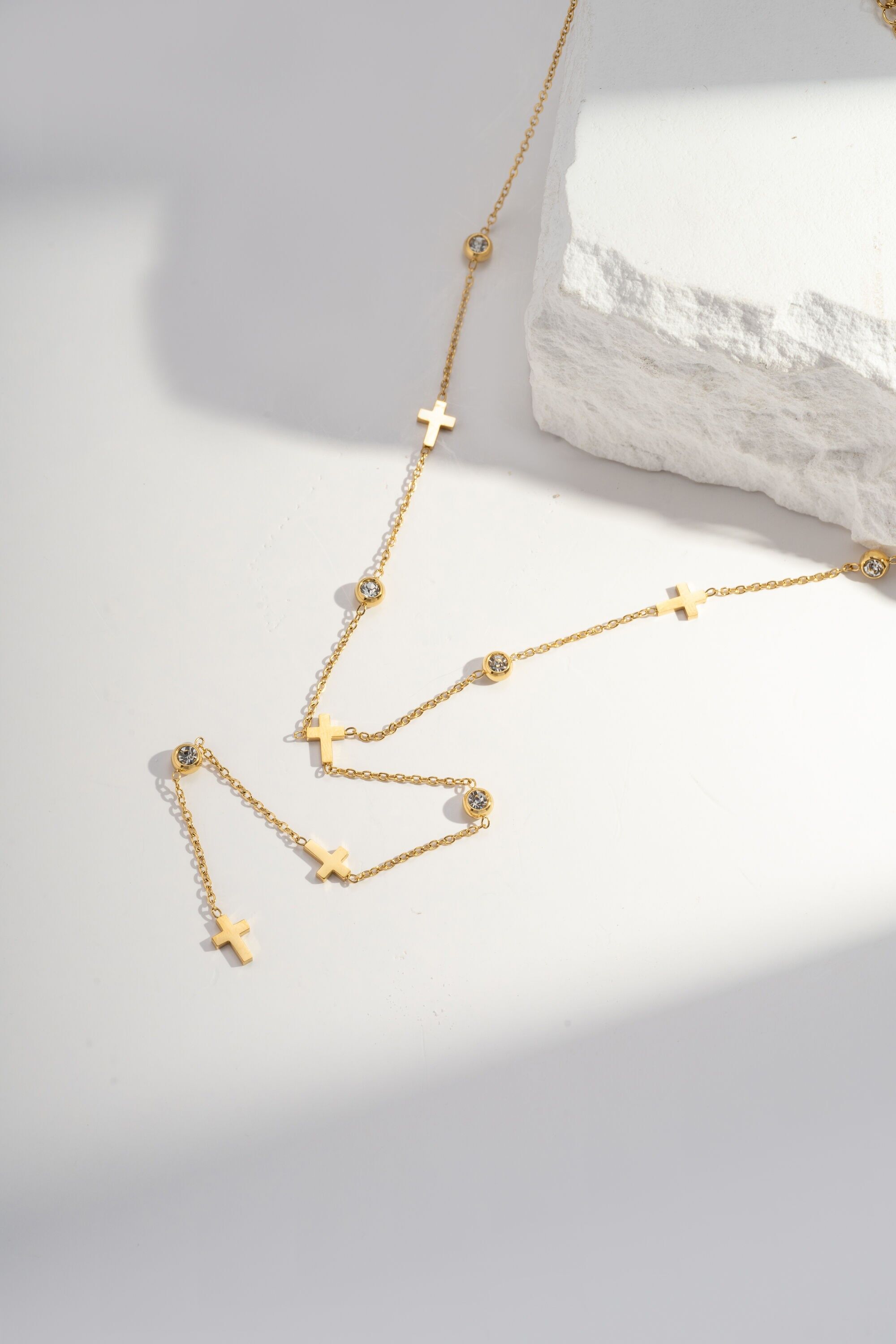 Y-shaped Cross & Zircons Necklace in Gold Stainless Steel