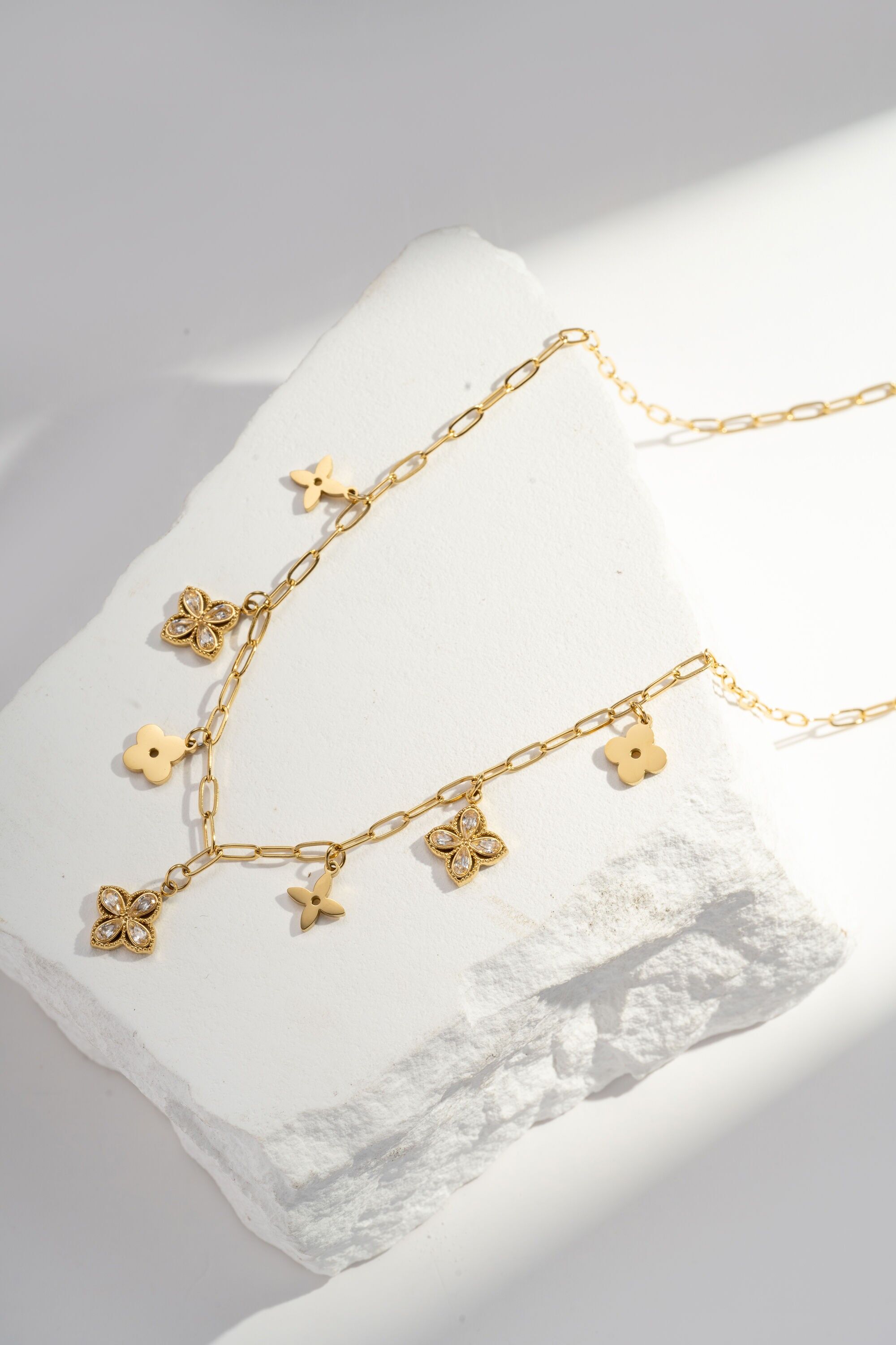 Flower and Clover Charm Necklace – Stainless Steel