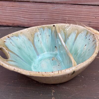Handmade ceramic bowl with handle and divider – Aqua green