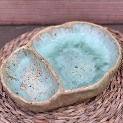 Handmade, unique, water green ceramic double bowl