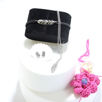 Ensemble pendentif plume + collier, boucles d'oreilles, bracelet