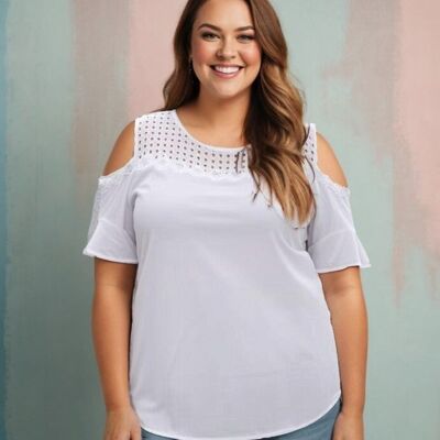 Plus size white openwork top with pearls (A958&BLANC)