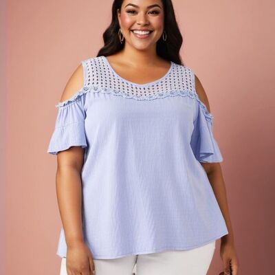 Plus size blue openwork top with pearls (A958&BLUE)