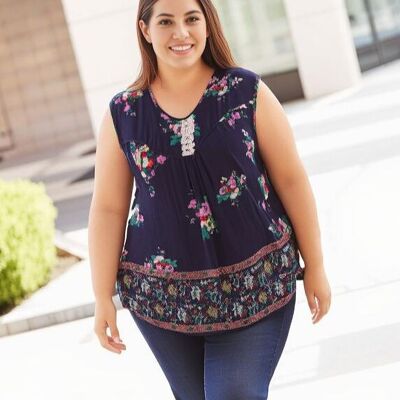 Plus size blue floral print top (A955&BLUE)