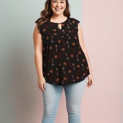 Plus size black top with key print (A956)