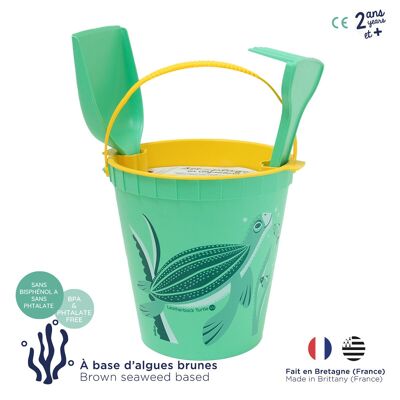 Umweltfreundliches Sommer-Strandspielzeug für Kinder aus Seetang (Eimer, Schaufel, Sieb und Rechen), Made in France - Lederschildkröte