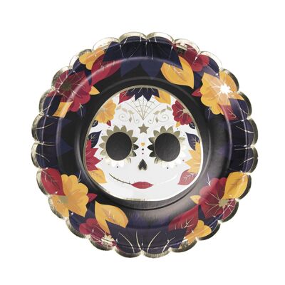 SCALLOPED PLATES 23CM DIA DE LOS MUERTOS AND GOLD X 8