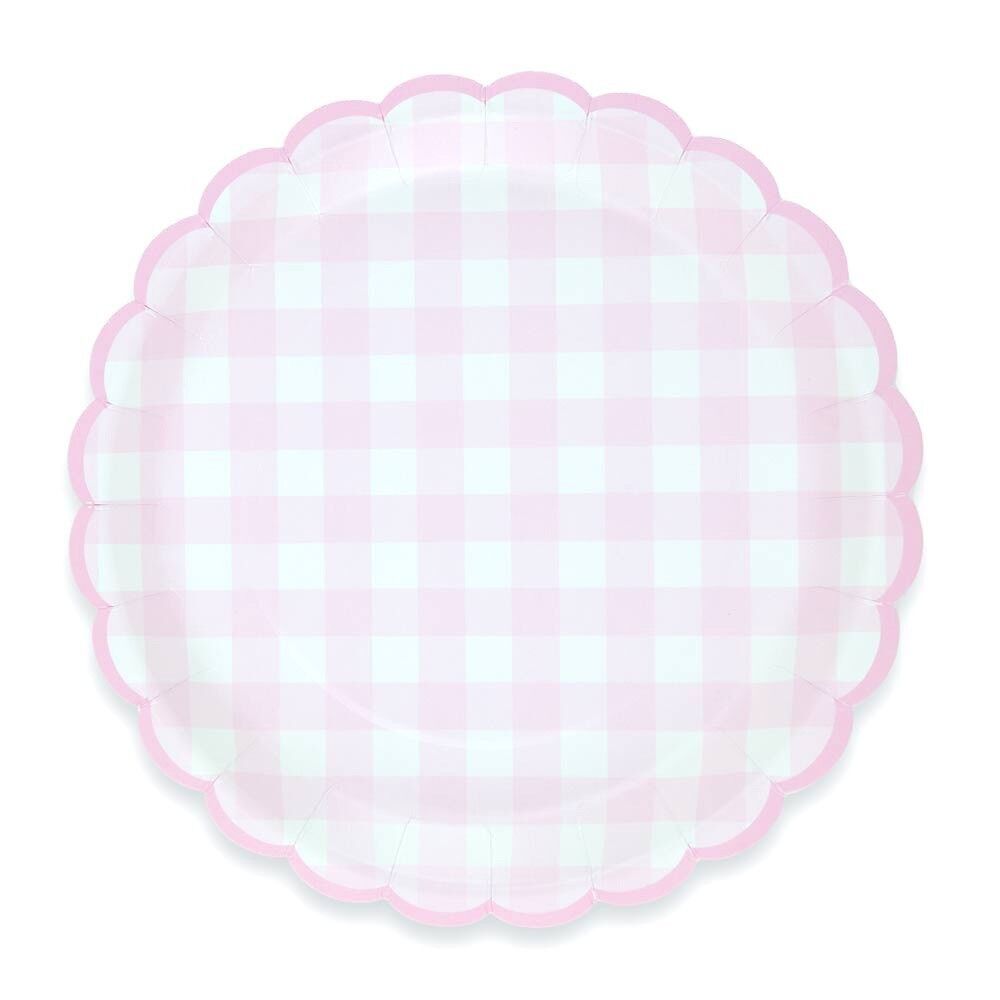 Rosa karierte Teller mit Wellenschliff, 23 cm x 8