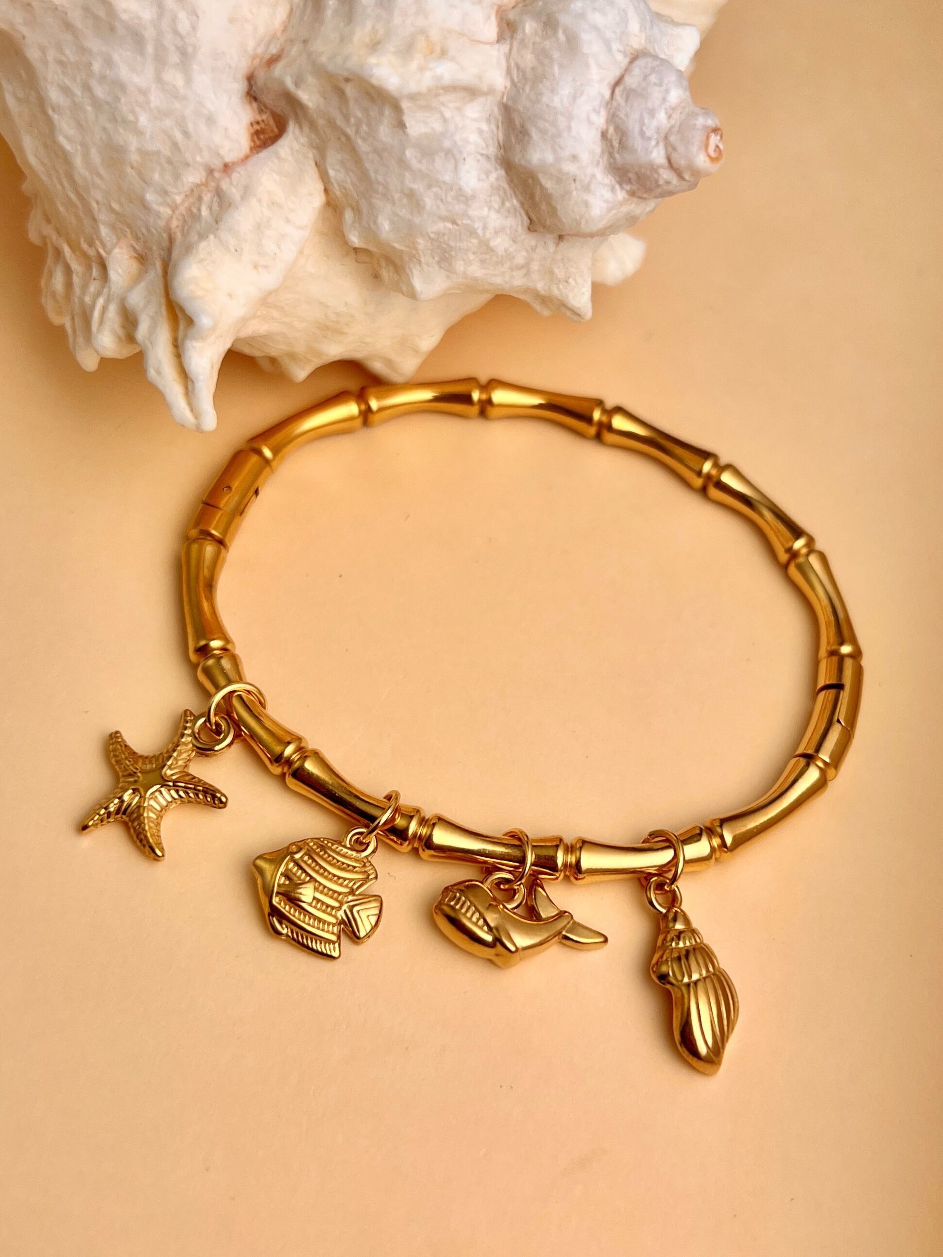 Fish and Starfish Charm Bangle Bracelet in Steel