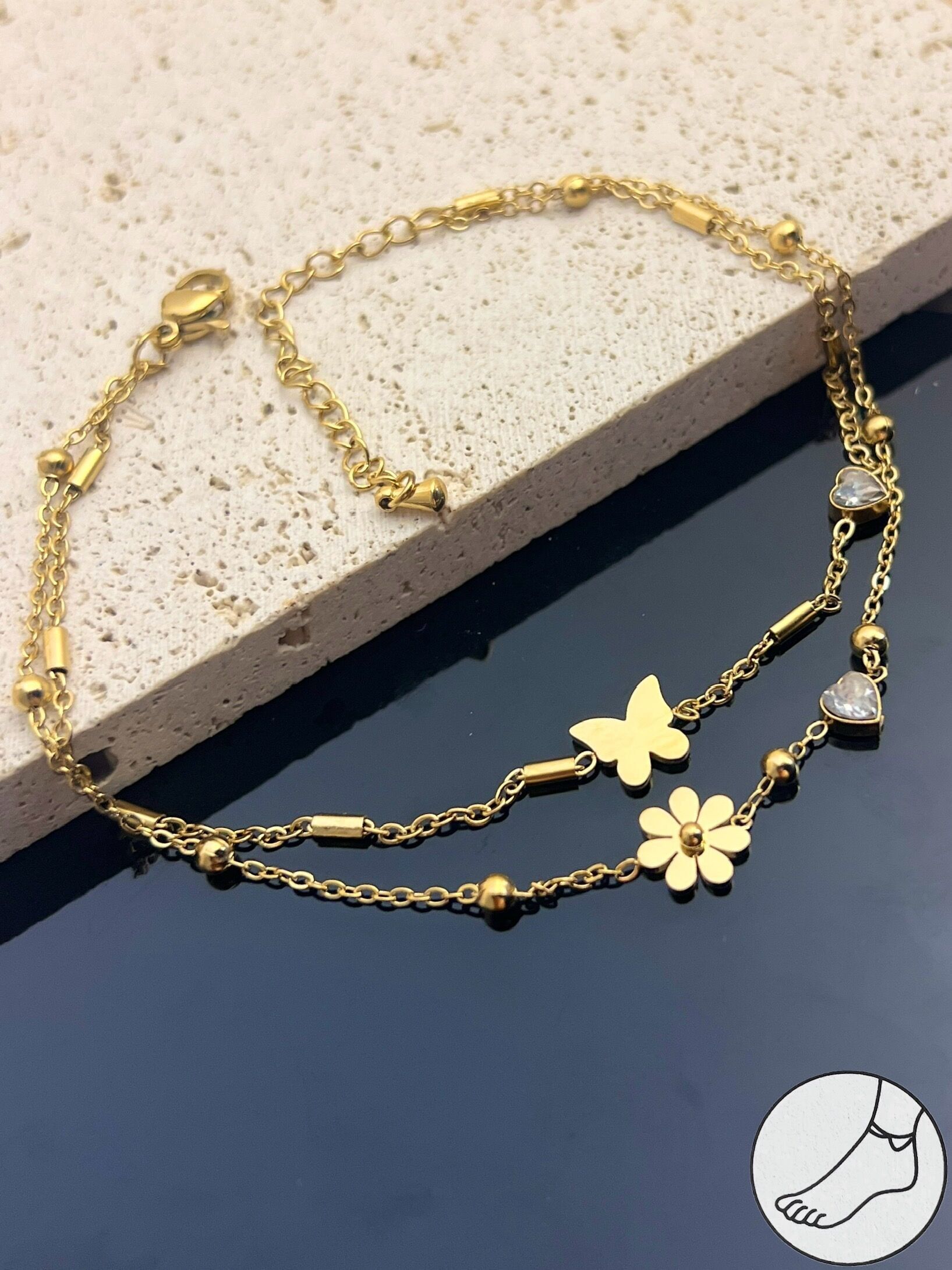 Double Butterfly & Flower Anklet in Steel