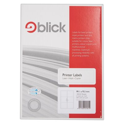Etichette Blick, bianche, 6 per foglio, 100 fogli, rettangolari, 99.1 mm x 93.1 mm, 600 etichette, per casa, ufficio, famiglia, scuola