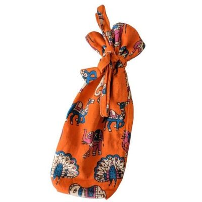 Reusable Kalamkari Cotton Pouch, Bottle Gift Bag, Orange