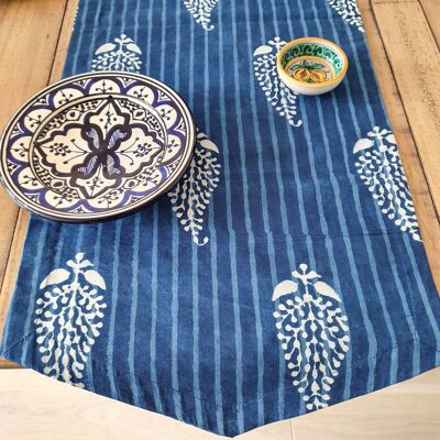 Indigo block-printed table runner, handmade